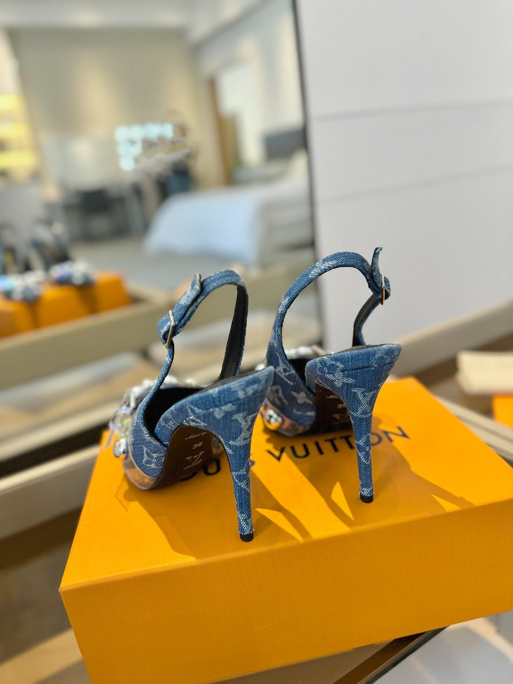 HIGH HEELS 95 MM IN CLASSIC BLUE MONOGRAM DENIM WITH CRYSTALS