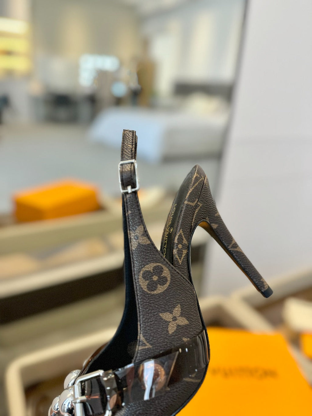 HIGH HEELS 95 MM IN CHOCOLATE BROWN MONOGRAM CALFSKIN WITH CRYSTALS