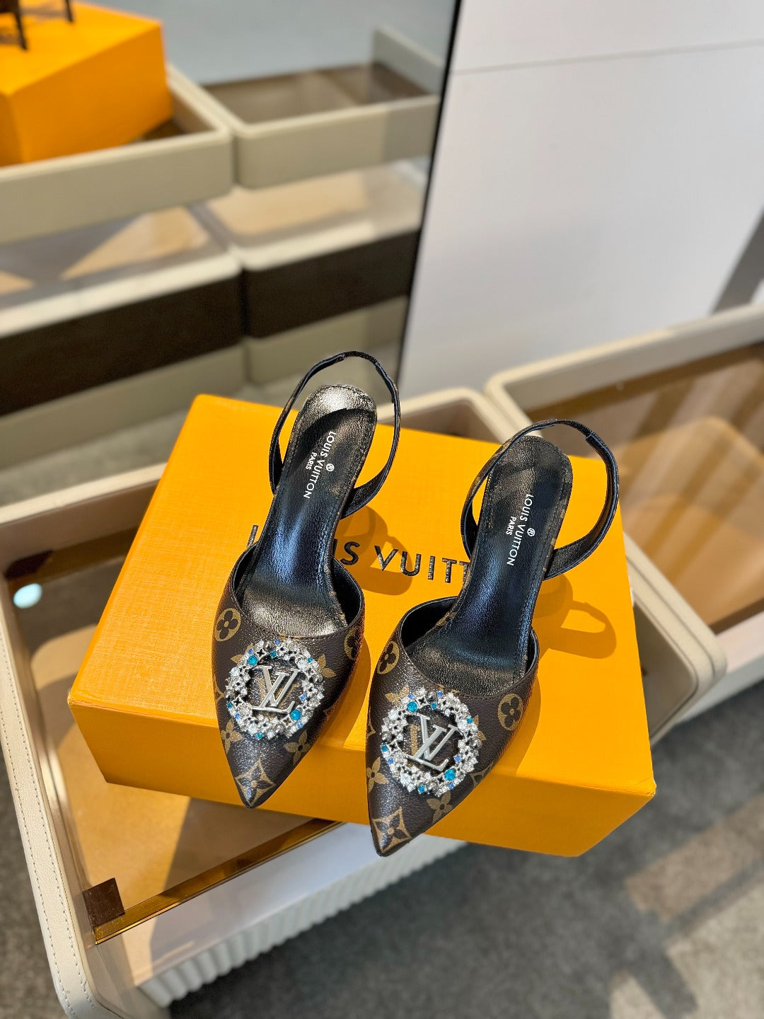 HIGH HEEL 75 MM SLINGBACK IN CHOCOLATE BROWN MONOGRAM CALFSKIN WITH CRYSTAL