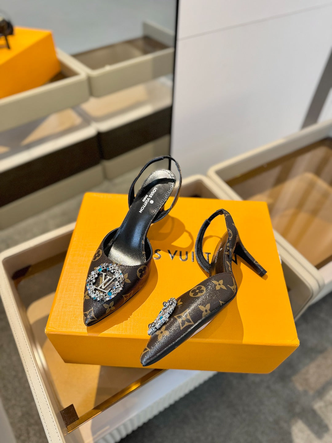 HIGH HEEL 75 MM SLINGBACK IN CHOCOLATE BROWN MONOGRAM CALFSKIN WITH CRYSTAL