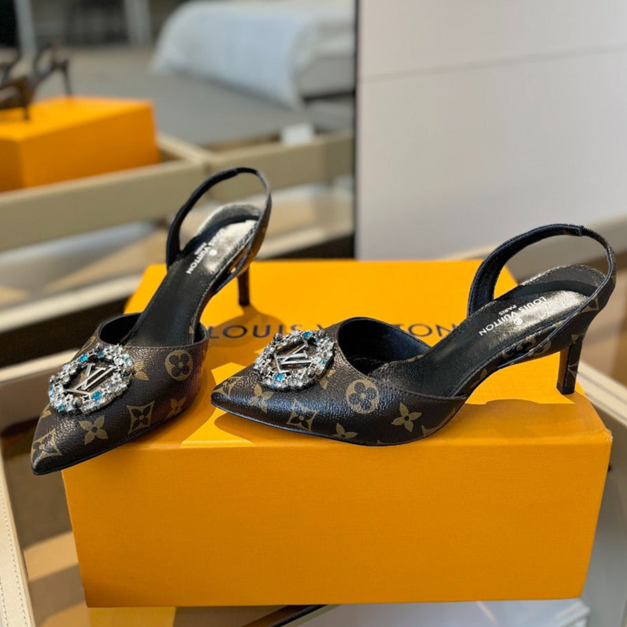 HIGH HEEL 75 MM SLINGBACK IN CHOCOLATE BROWN MONOGRAM CALFSKIN WITH CRYSTAL