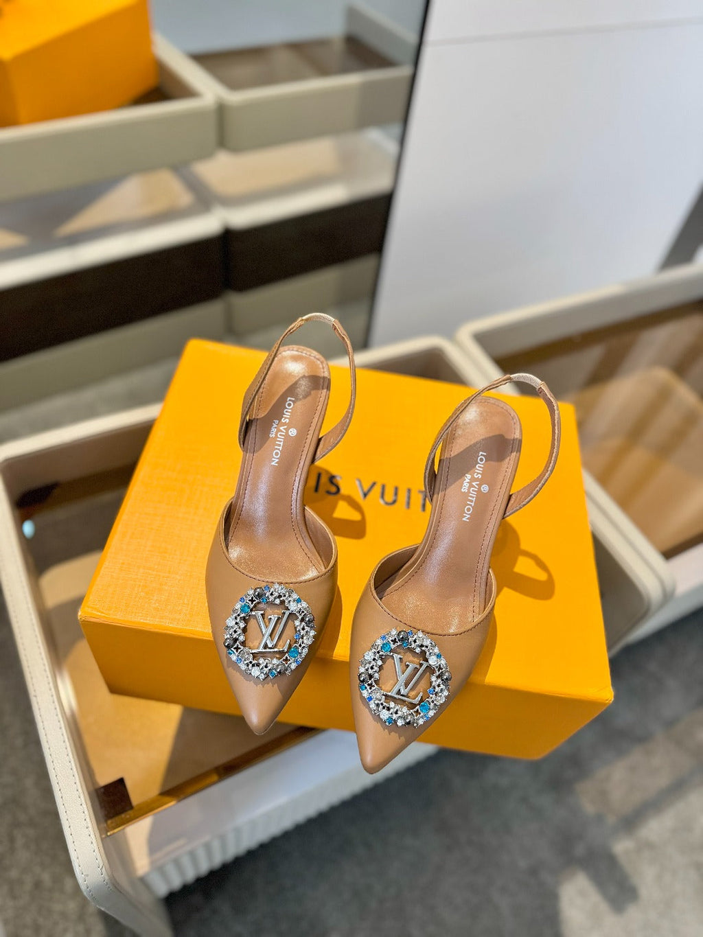 HIGH HEEL 75 MM SLINGBACK IN BRONZE BROWN CALFSKIN WITH CRYSTAL