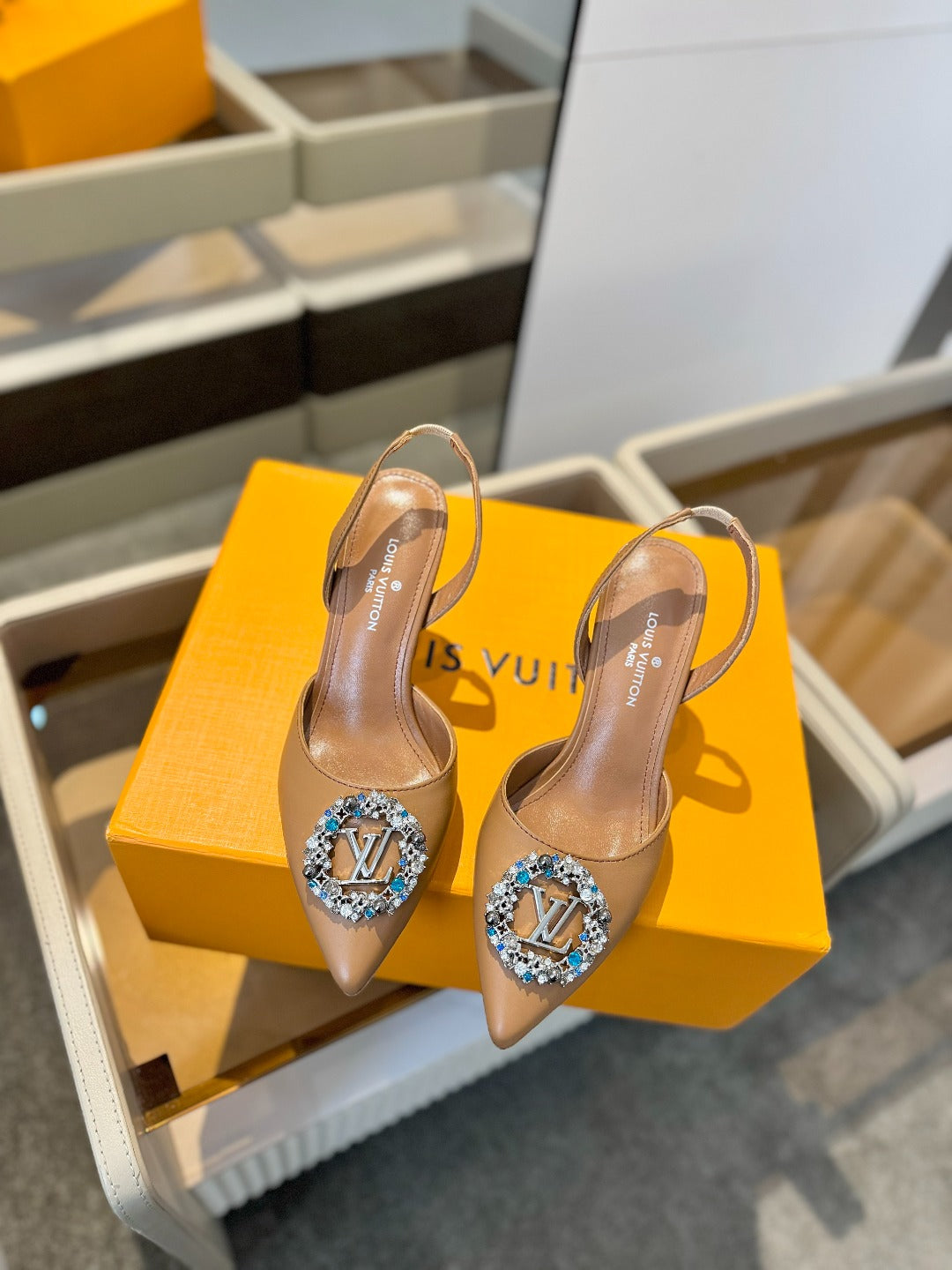 HIGH HEEL 75 MM SLINGBACK IN BRONZE BROWN CALFSKIN WITH CRYSTAL