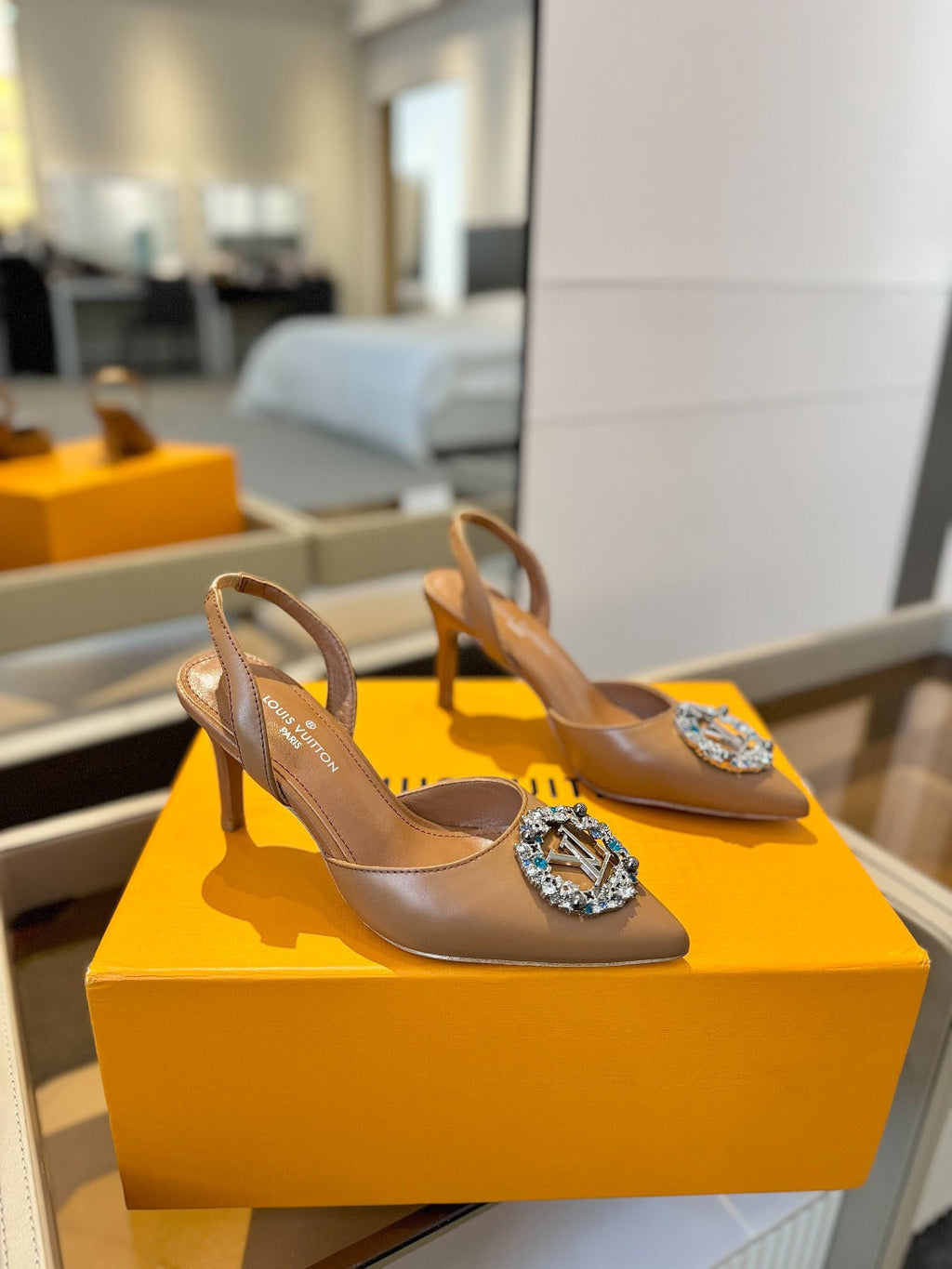 HIGH HEEL 75 MM SLINGBACK IN BRONZE BROWN CALFSKIN WITH CRYSTAL