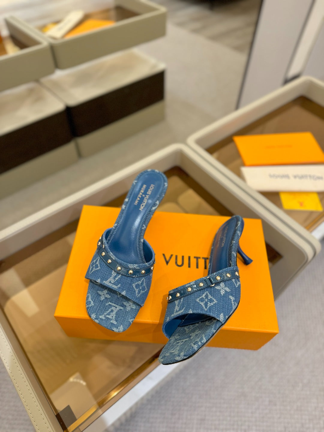 LV X TM 6AM HIGH 4 CM MULE IN NAVY BLUE MONOGRAM DENIM