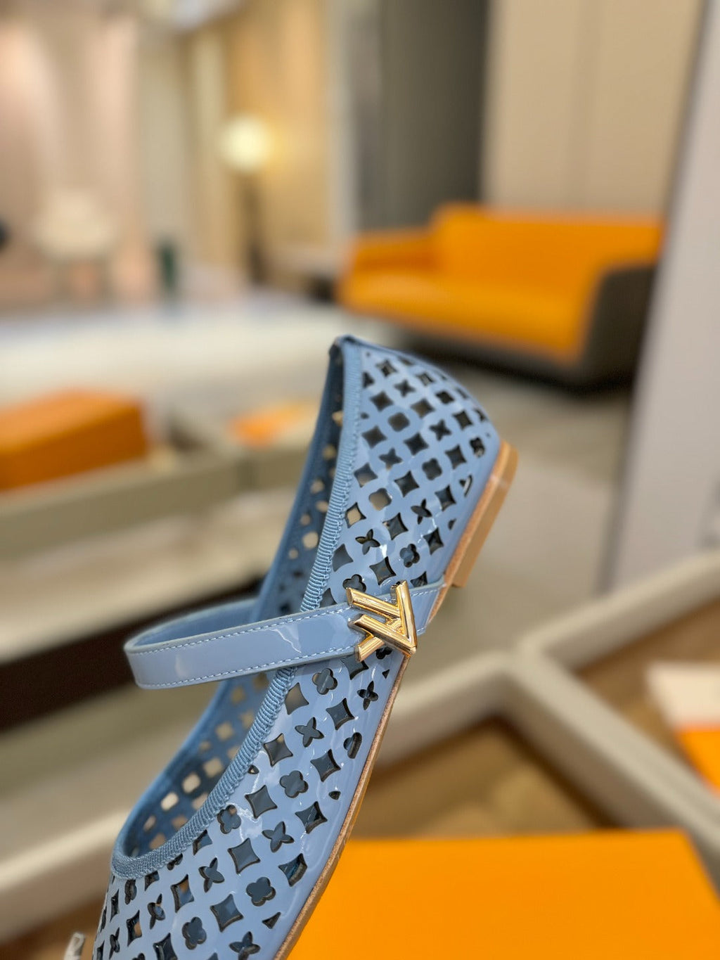 ROMY FLAT BALLERINA IN CERULEAN BLUE MESH PATENT CALFSKIN