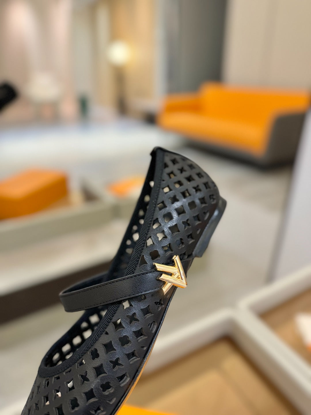 ROMY FLAT BALLERINA IN BLACK MESH CALFSKIN