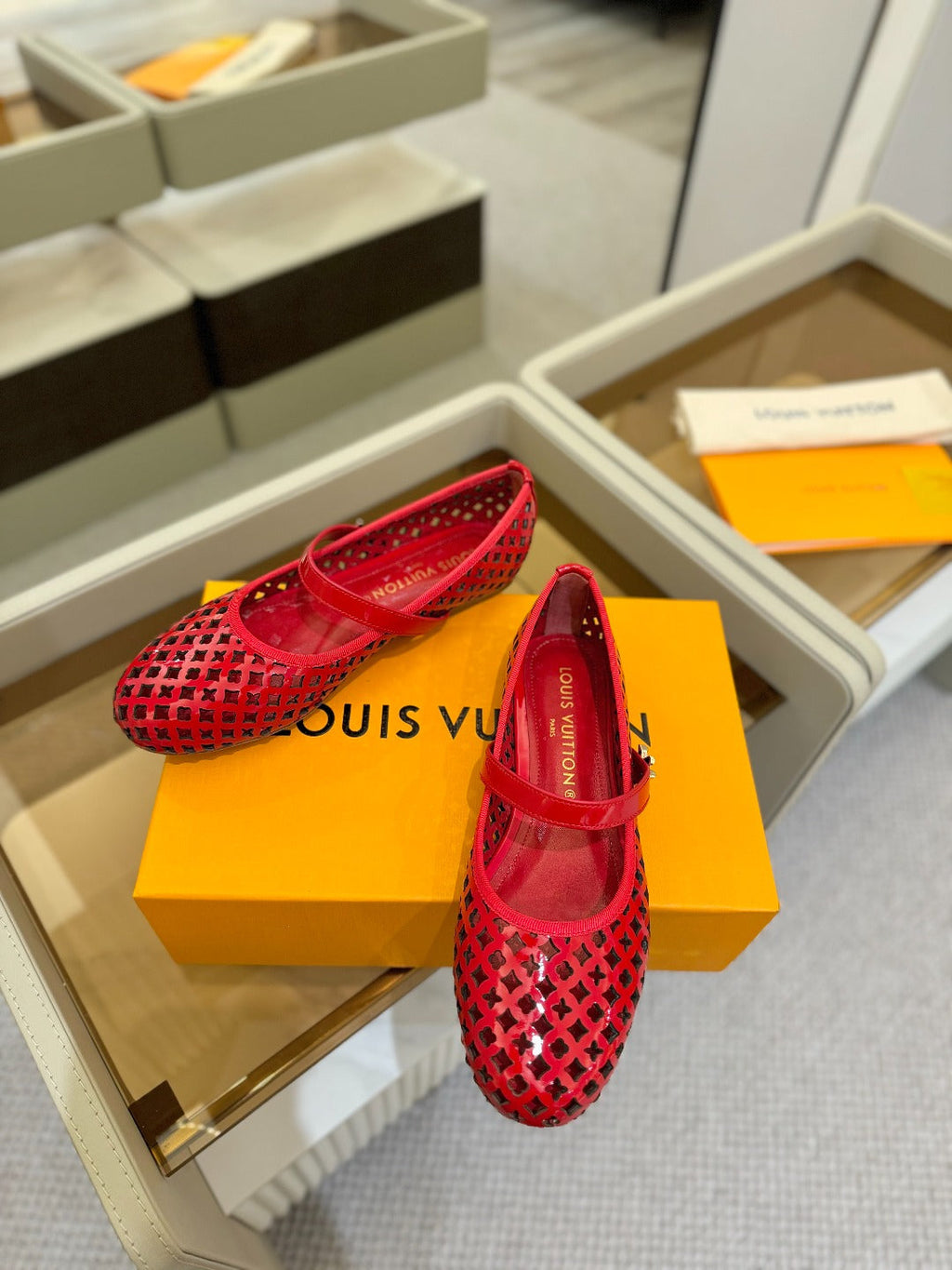 ROMY FLAT BALLERINA IN CHERRY RED MESH PATENT CALFSKIN