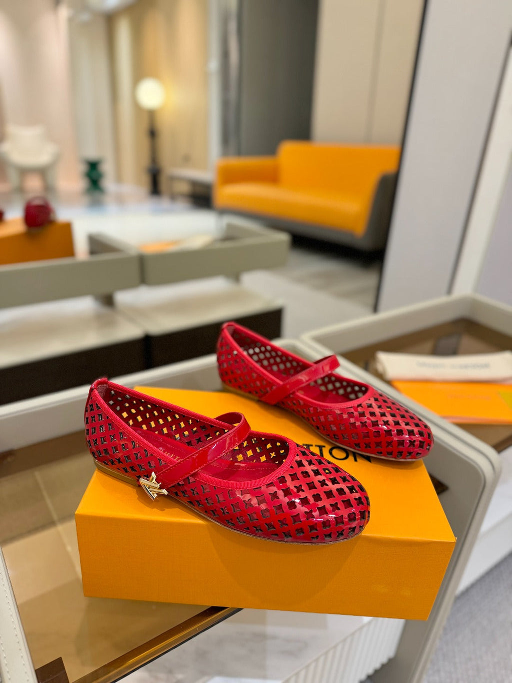 ROMY FLAT BALLERINA IN CHERRY RED MESH PATENT CALFSKIN