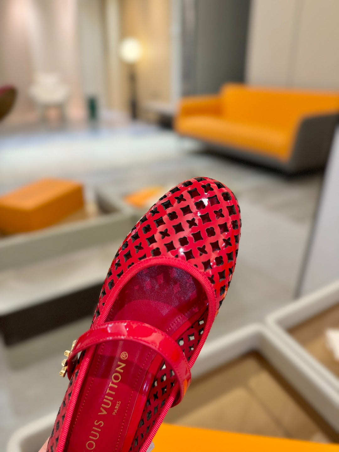 ROMY FLAT BALLERINA IN CHERRY RED MESH PATENT CALFSKIN