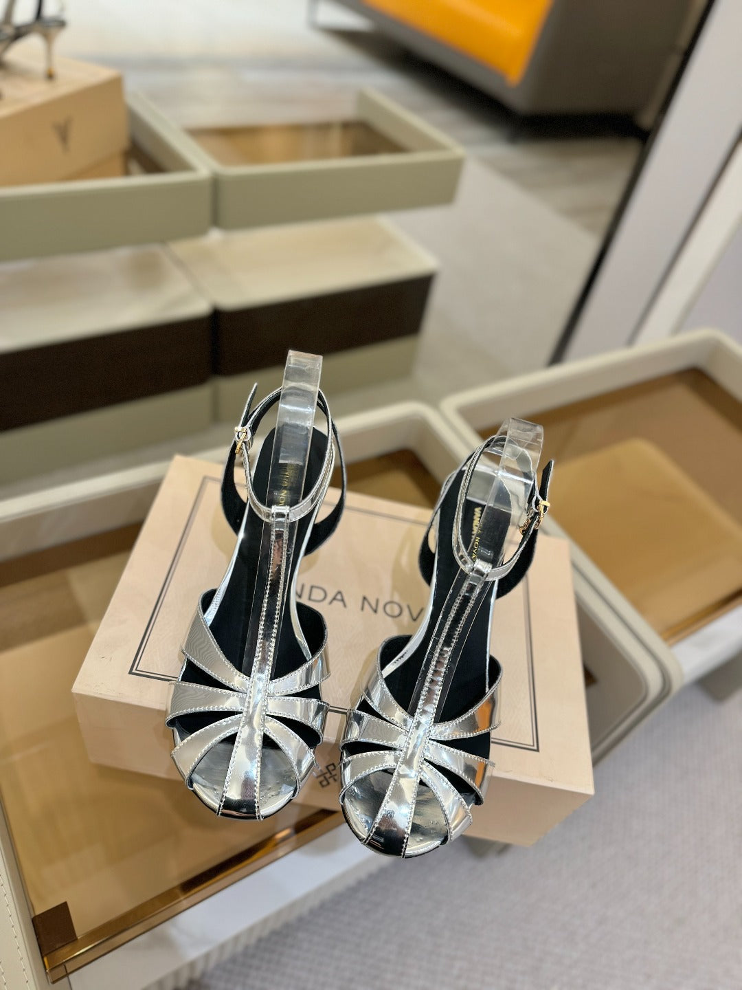 HIGH SANDALS 75 MM IN SILVER CALFSKIN