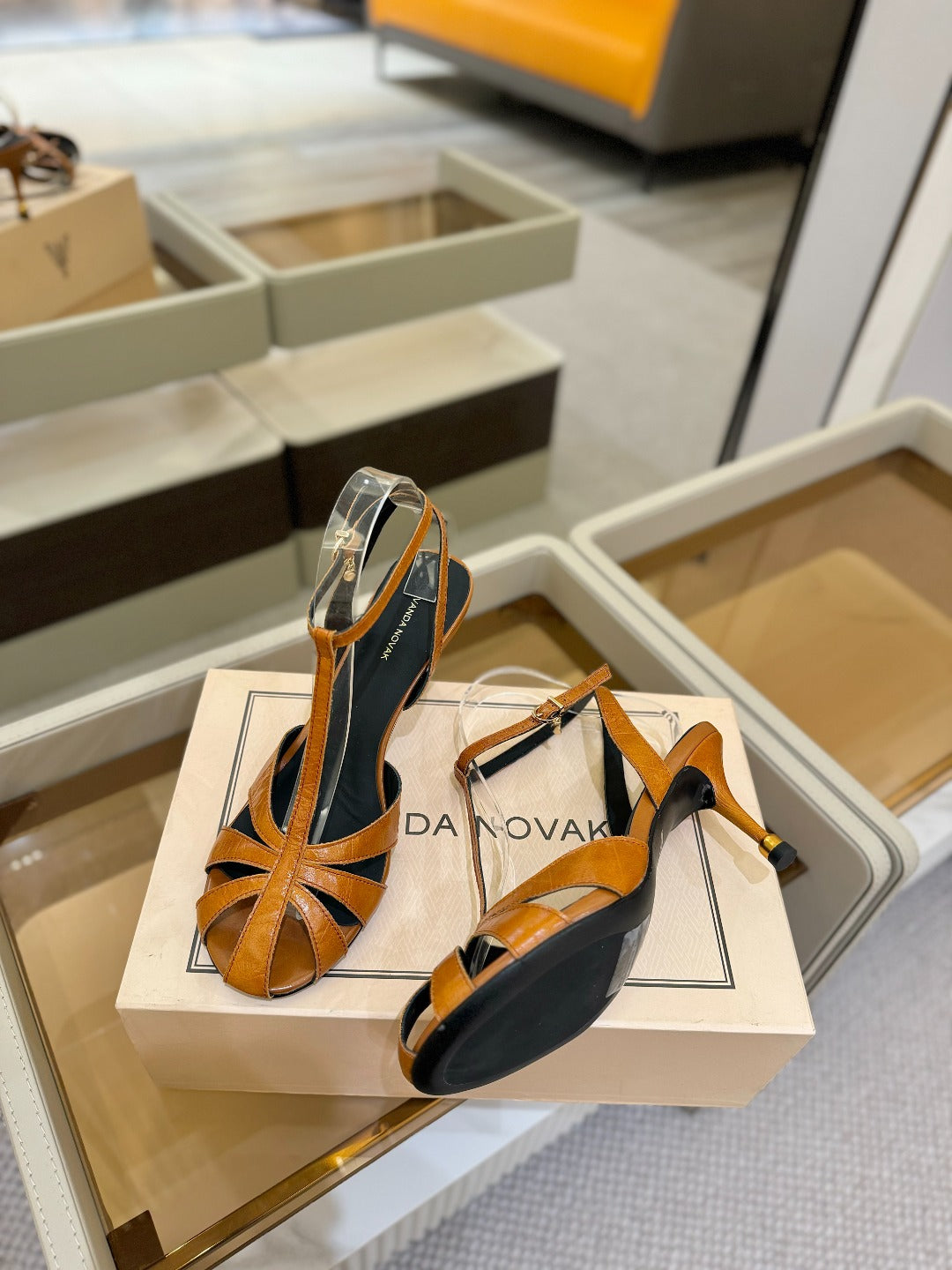 HIGH SANDALS 75 MM IN CINNAMON BROWN CALFSKIN