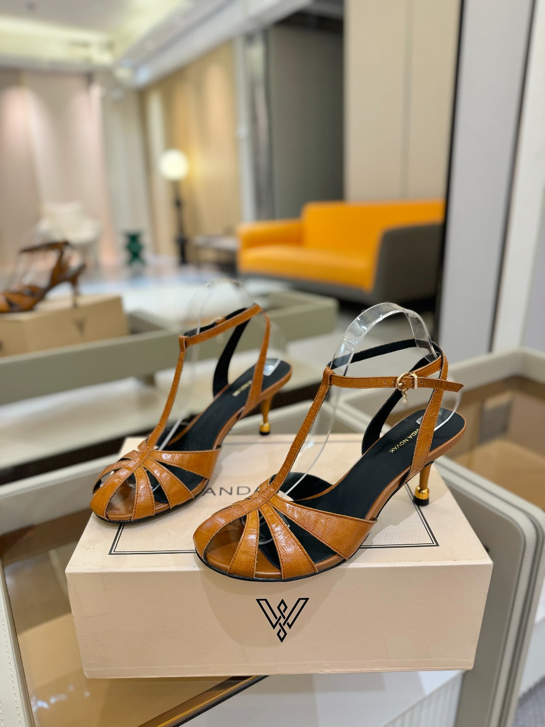 HIGH SANDALS 75 MM IN CINNAMON BROWN CALFSKIN