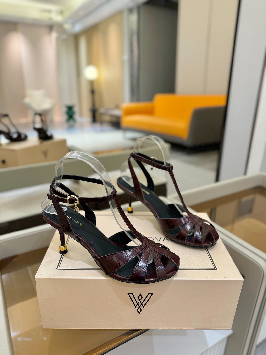 HIGH SANDALS 75 MM IN MAHOGANY RED PATENT CALFSKIN