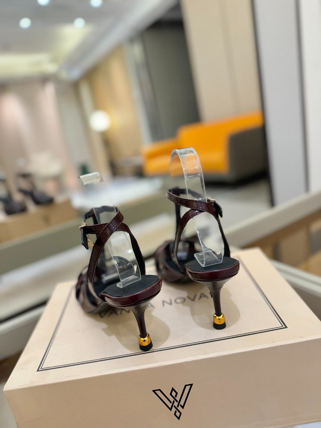 HIGH SANDALS 75 MM IN MAHOGANY RED PATENT CALFSKIN