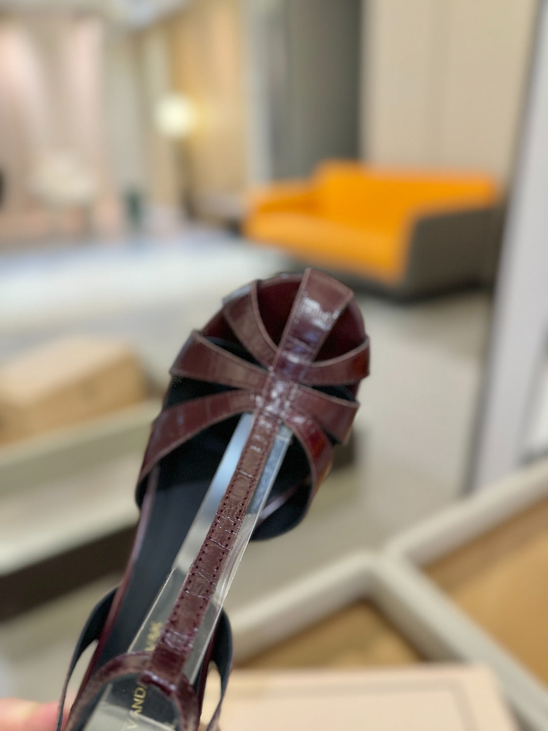 HIGH SANDALS 75 MM IN MAHOGANY RED PATENT CALFSKIN