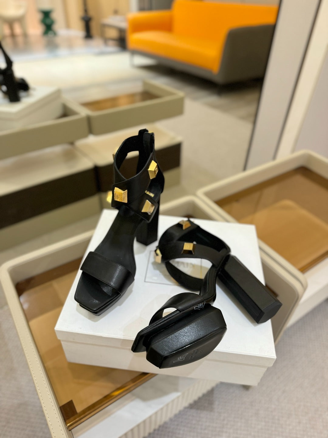 BALMAIN 25S WEDGE HEELS 105MM IN BLACK CALFSKIN GOLD HARDWARE