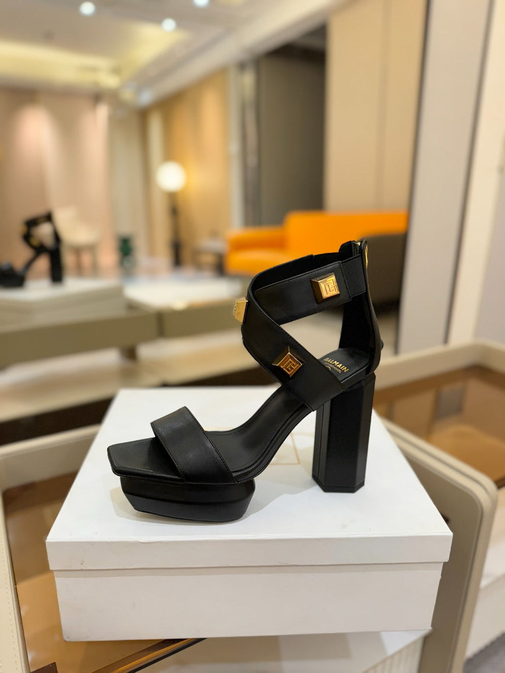 BALMAIN 25S WEDGE HEELS 105MM IN BLACK CALFSKIN GOLD HARDWARE