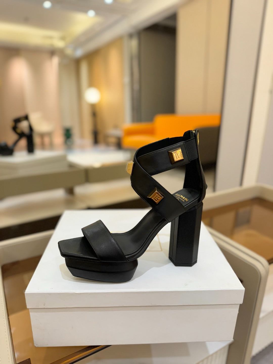 BALMAIN 25S WEDGE HEELS 105MM IN BLACK CALFSKIN GOLD HARDWARE