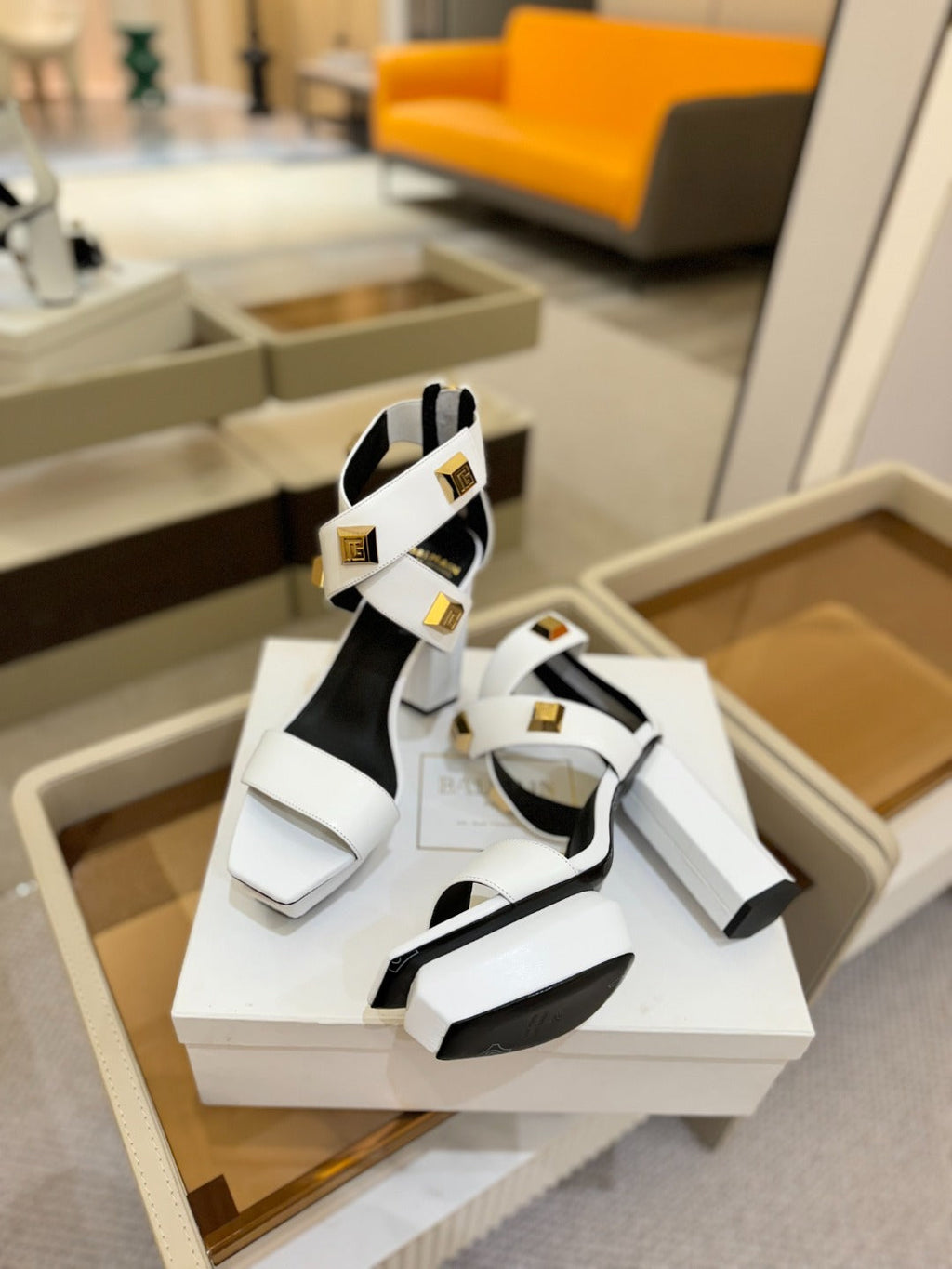 BALMAIN 25S WEDGE HEELS 105MM IN WHITE CALFSKIN GOLD HARDWARE