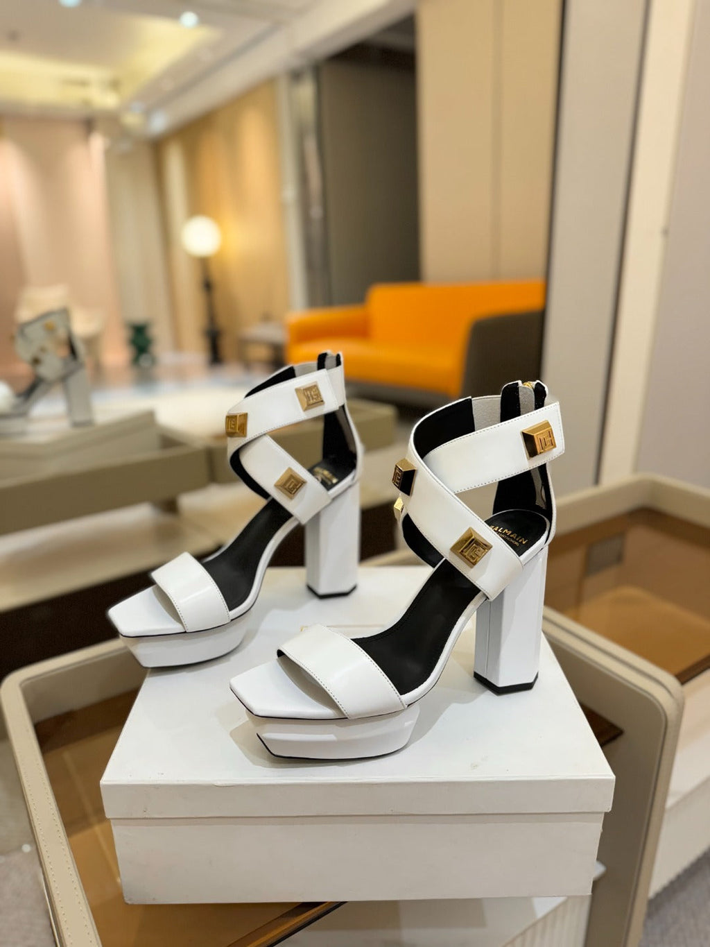 BALMAIN 25S WEDGE HEELS 105MM IN WHITE CALFSKIN GOLD HARDWARE