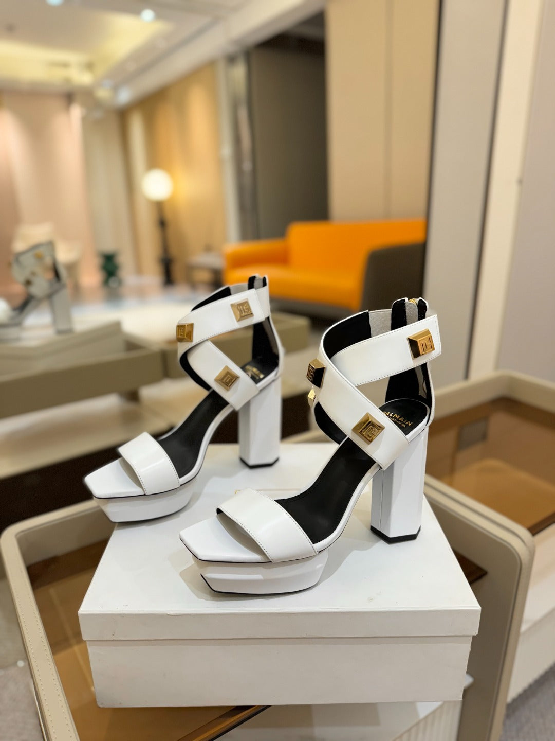 BALMAIN 25S WEDGE HEELS 105MM IN WHITE CALFSKIN GOLD HARDWARE