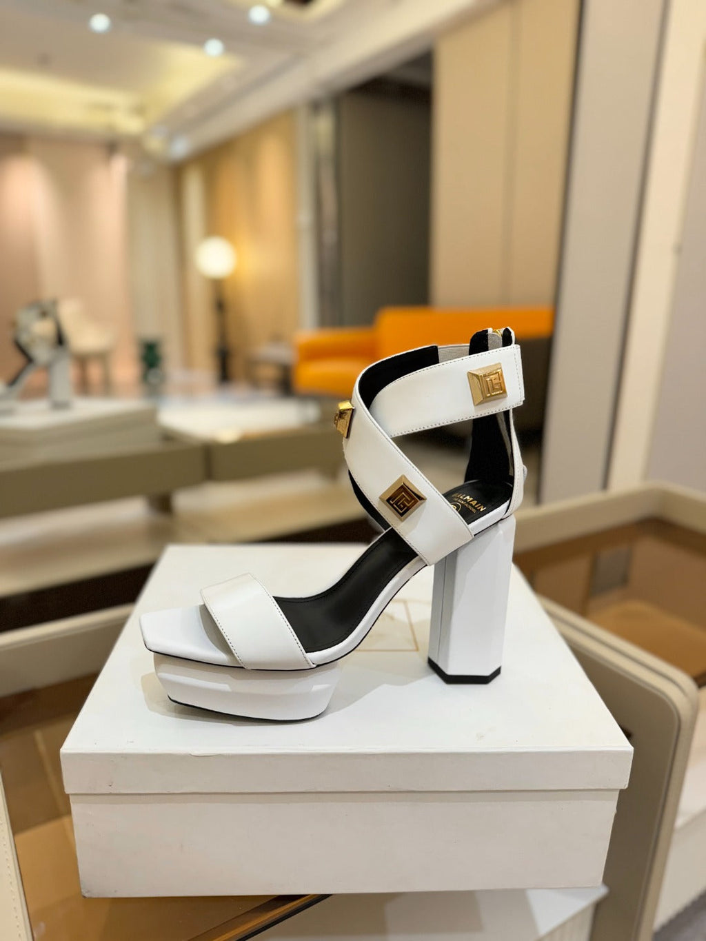 BALMAIN 25S WEDGE HEELS 105MM IN WHITE CALFSKIN GOLD HARDWARE