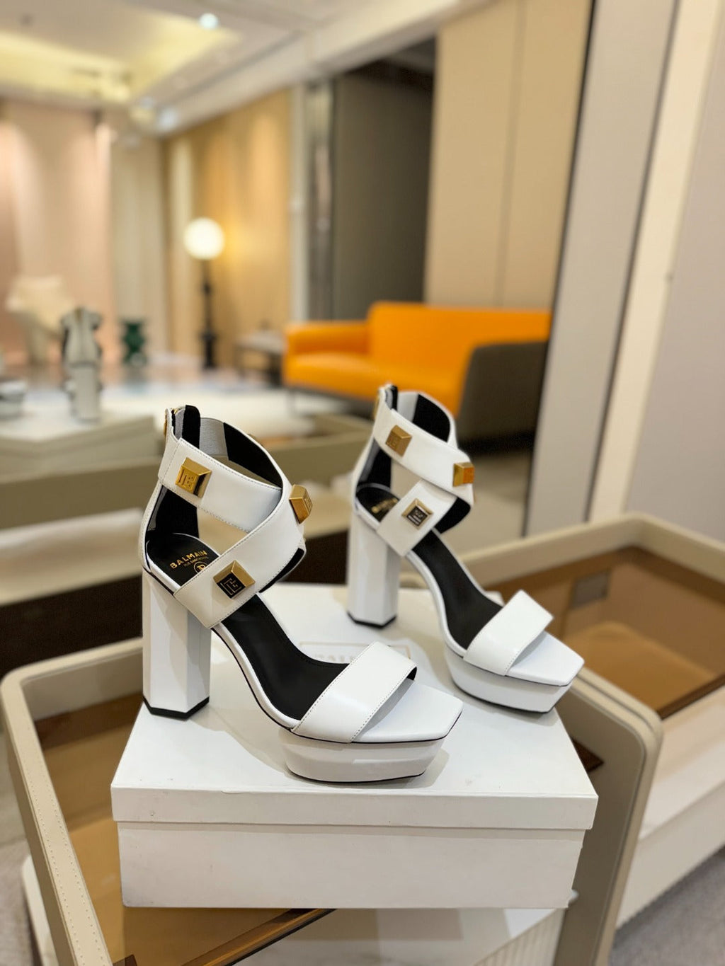 BALMAIN 25S WEDGE HEELS 105MM IN WHITE CALFSKIN GOLD HARDWARE