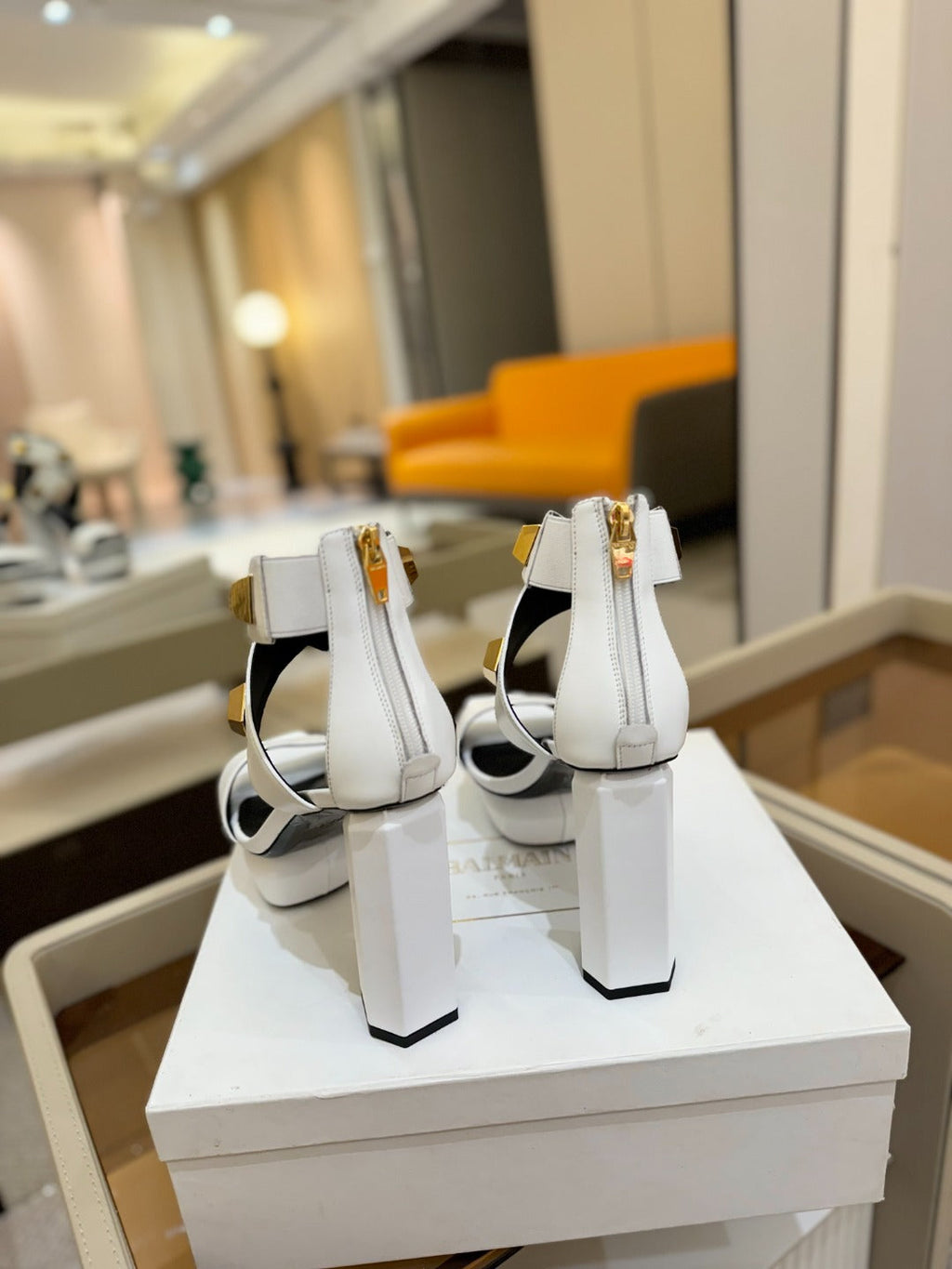 BALMAIN 25S WEDGE HEELS 105MM IN WHITE CALFSKIN GOLD HARDWARE