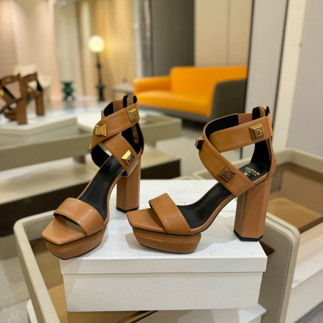 BALMAIN 25S WEDGE HEELS 105MM IN DARK BROWN CALFSKIN GOLD HARDWARE