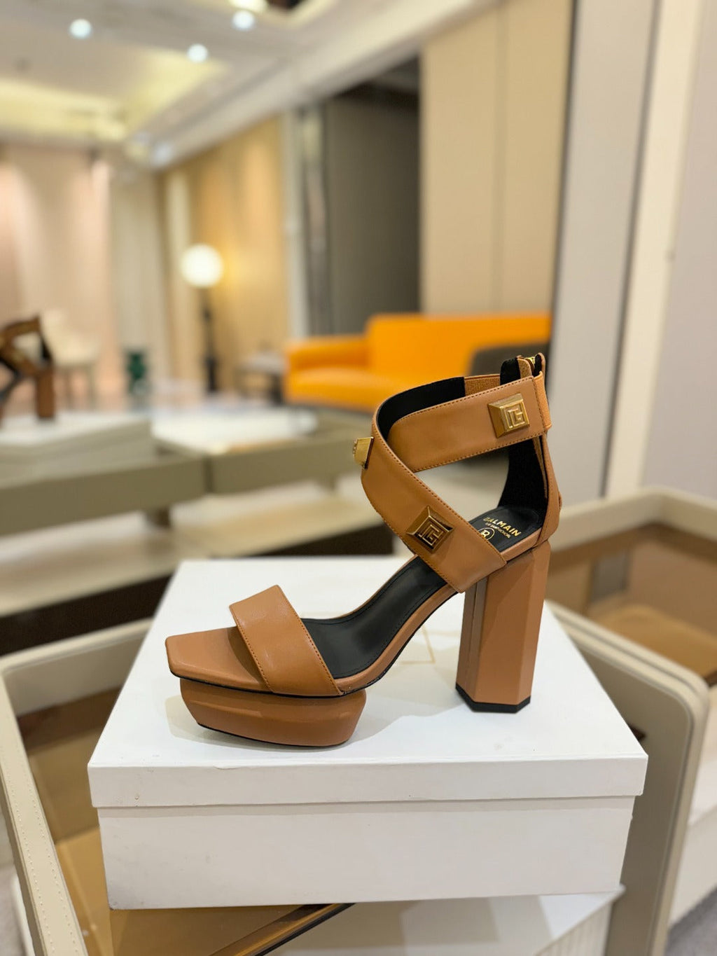 BALMAIN 25S WEDGE HEELS 105MM IN DARK BROWN CALFSKIN GOLD HARDWARE