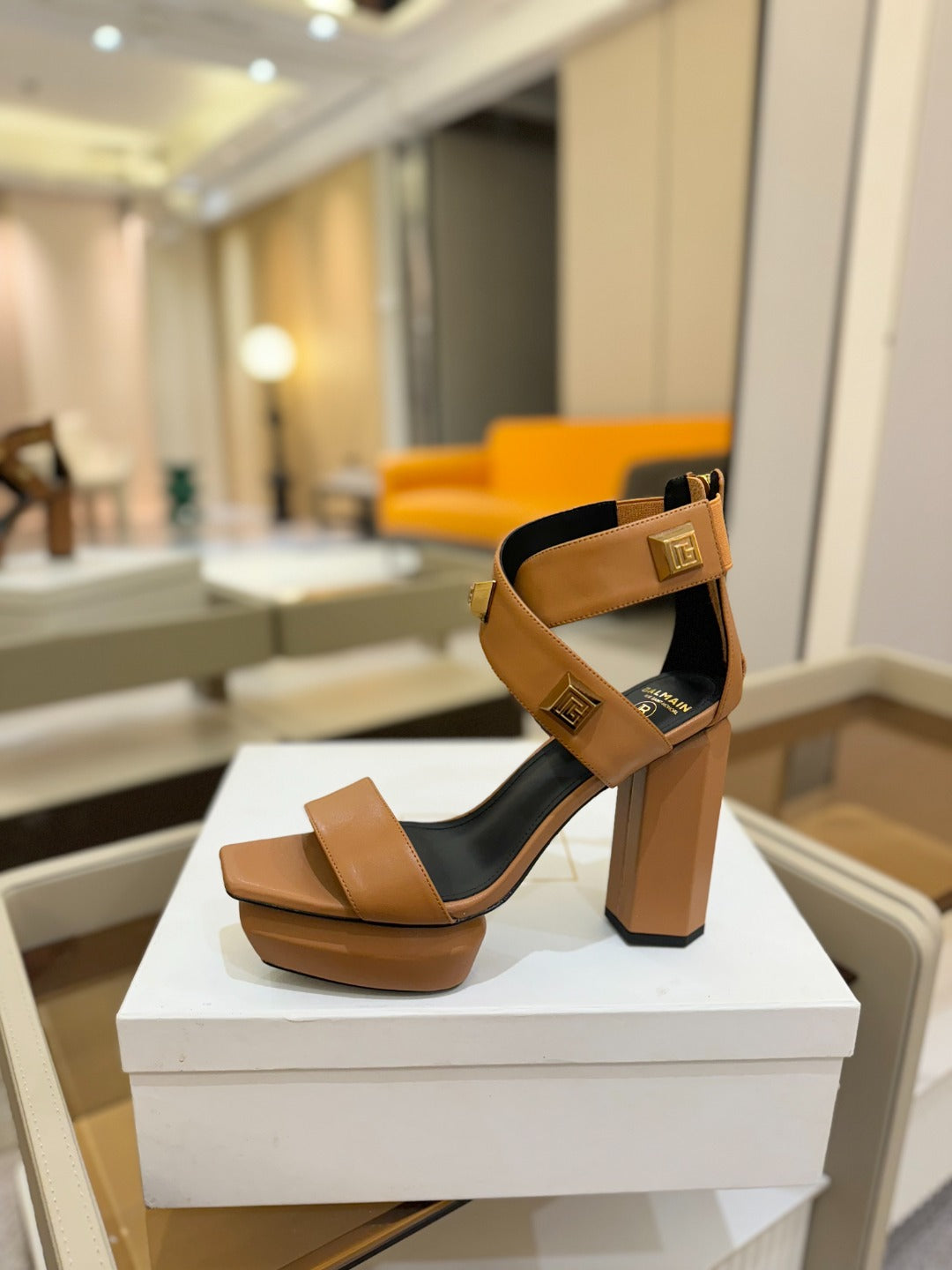 BALMAIN 25S WEDGE HEELS 105MM IN DARK BROWN CALFSKIN GOLD HARDWARE