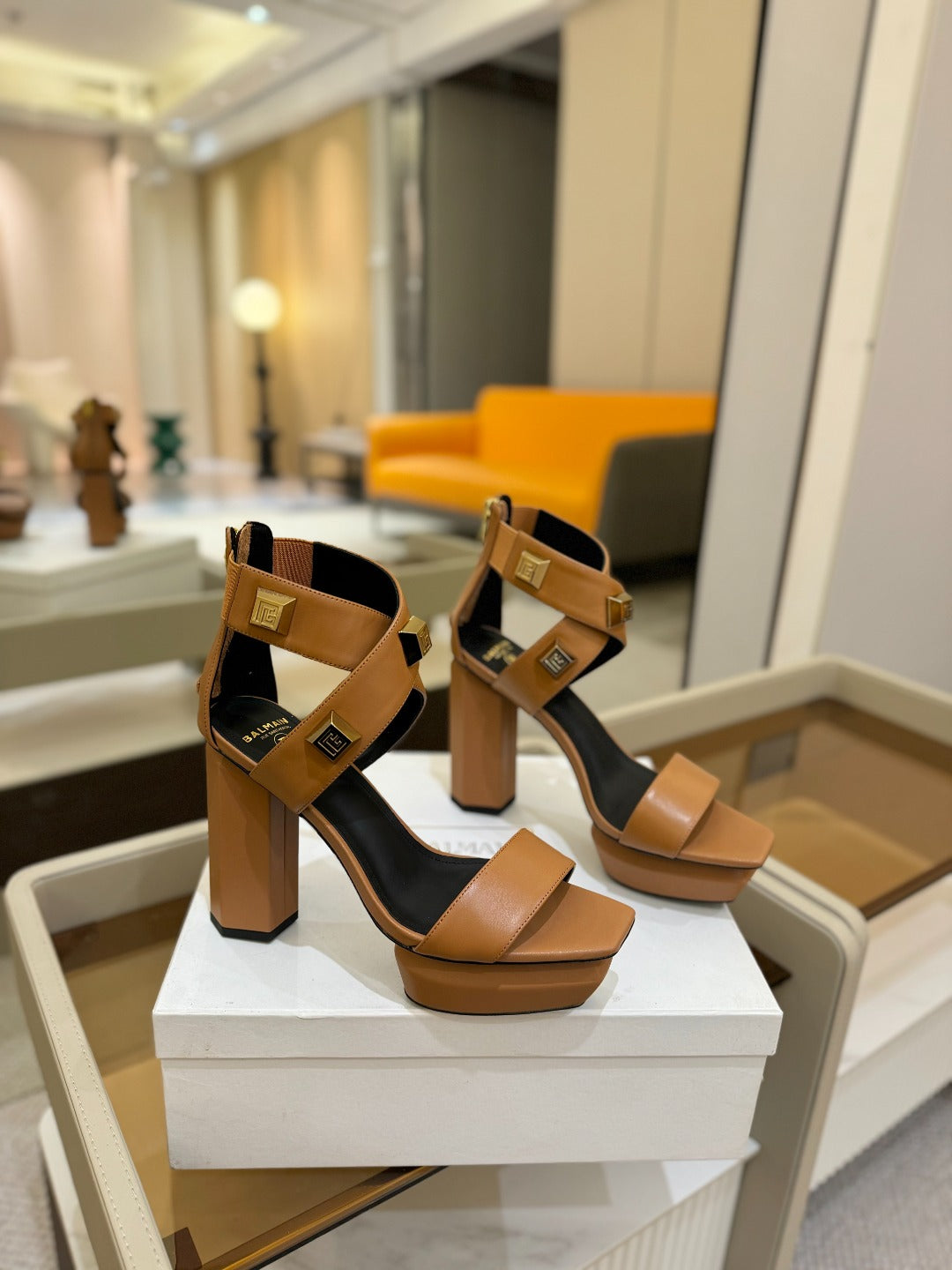 BALMAIN 25S WEDGE HEELS 105MM IN DARK BROWN CALFSKIN GOLD HARDWARE