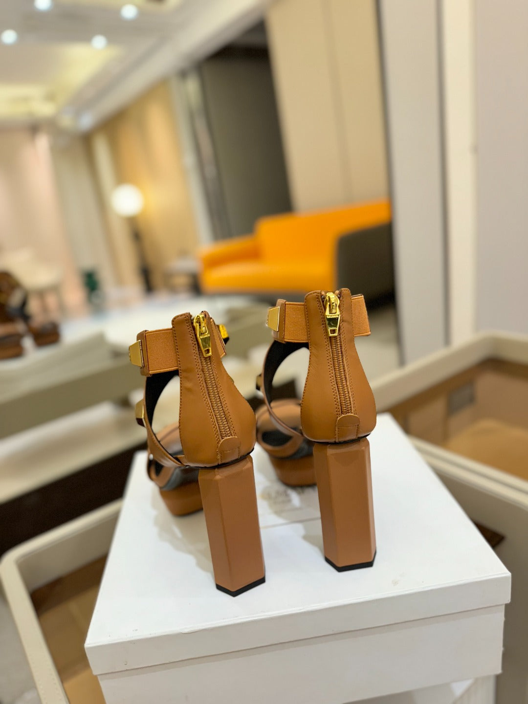 BALMAIN 25S WEDGE HEELS 105MM IN DARK BROWN CALFSKIN GOLD HARDWARE