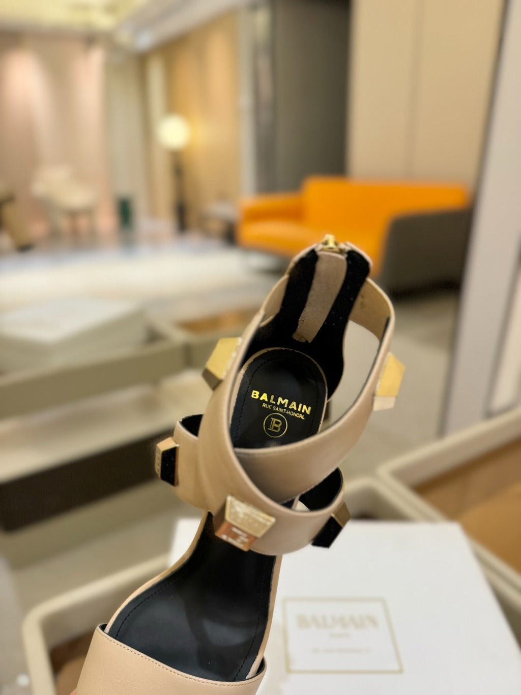 BALMAIN 25S WEDGE HEELS 105MM IN BEIGE CALFSKIN GOLD HARDWARE