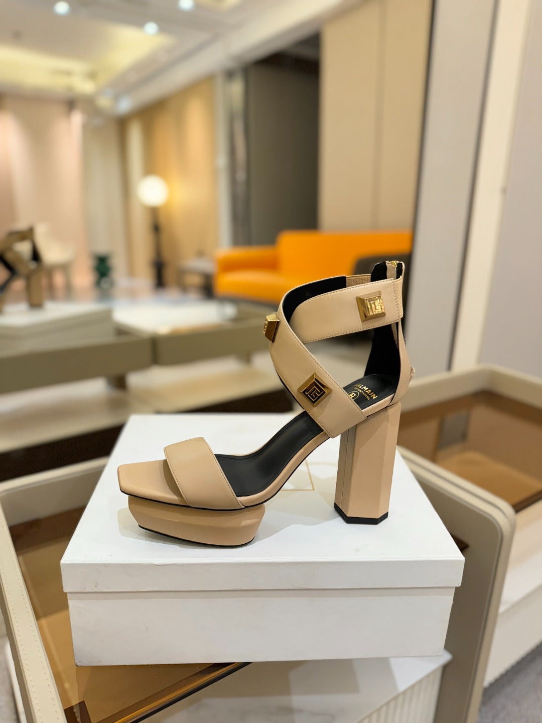 BALMAIN 25S WEDGE HEELS 105MM IN BEIGE CALFSKIN GOLD HARDWARE