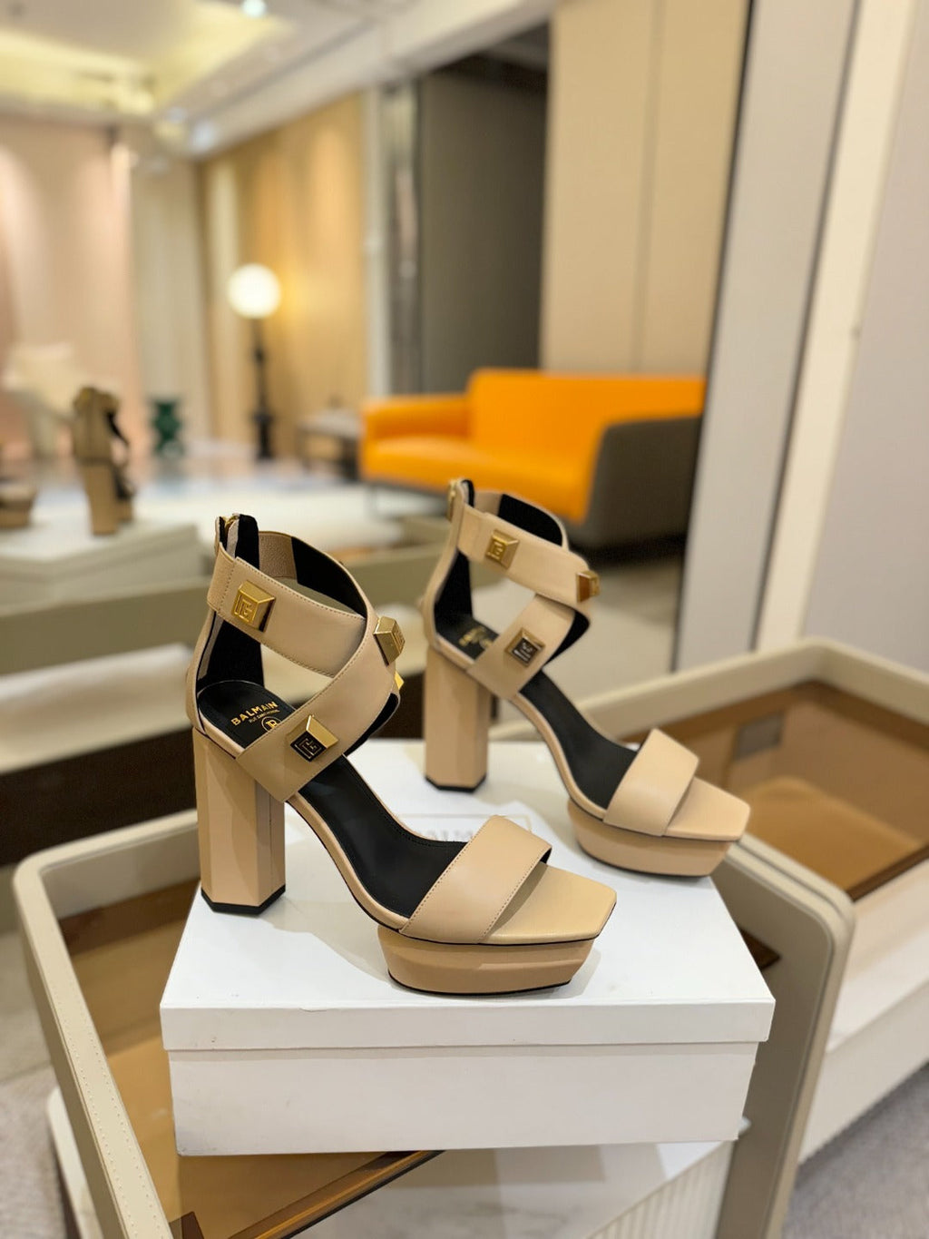 BALMAIN 25S WEDGE HEELS 105MM IN BEIGE CALFSKIN GOLD HARDWARE