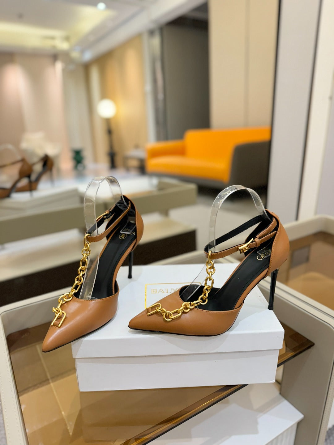 BALMAIN 25S SYNC STILETTOS WITH POINTED TOE 95MM IN DARK BROWN CALFSKIN