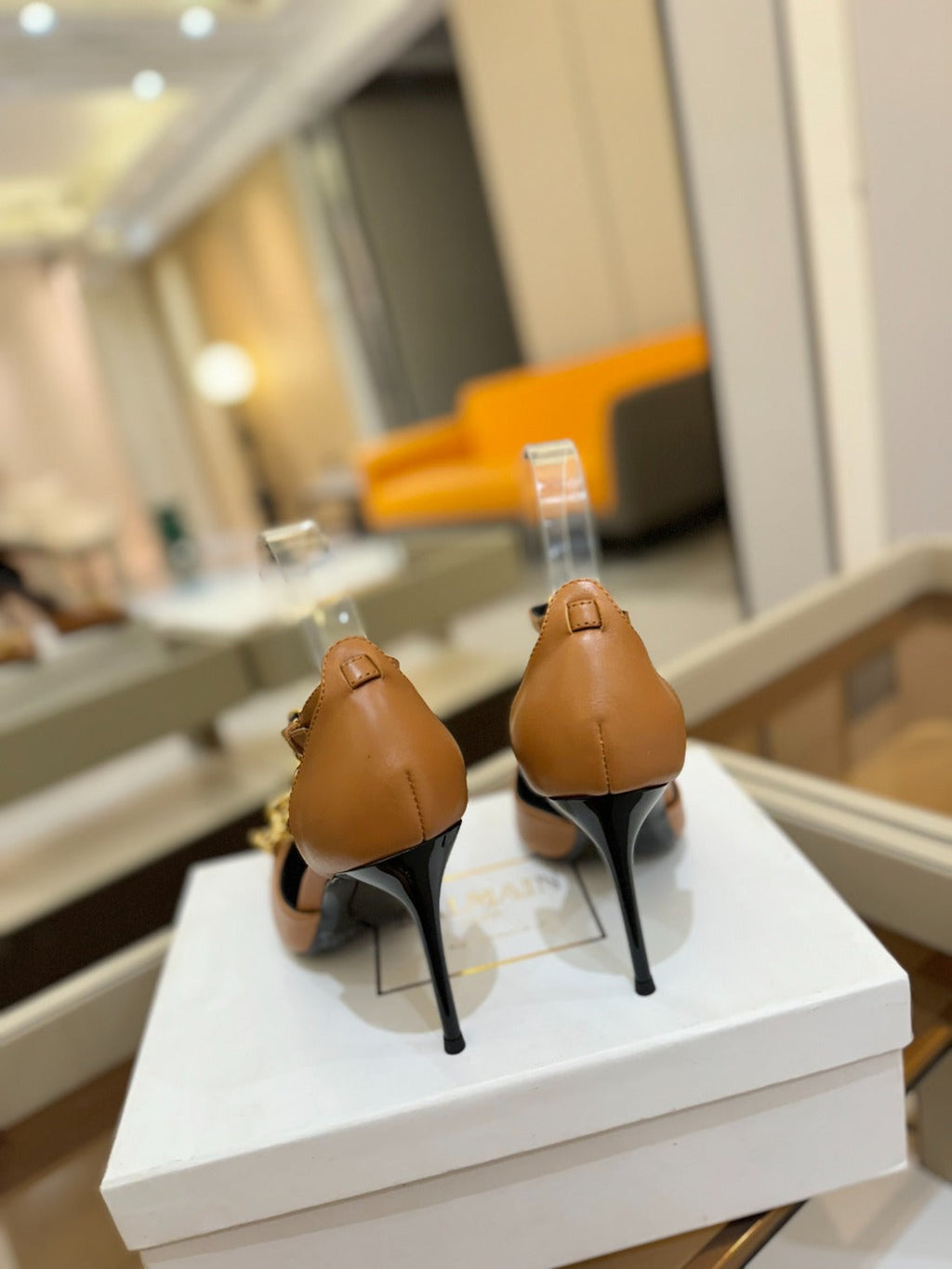 BALMAIN 25S SYNC STILETTOS WITH POINTED TOE 95MM IN DARK BROWN CALFSKIN