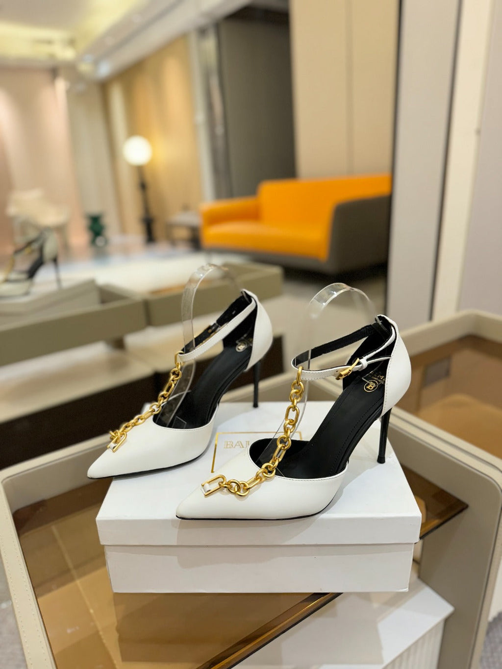 BALMAIN 25S SYNC STILETTOS WITH POINTED TOE 95MM IN WHITE CALFSKIN