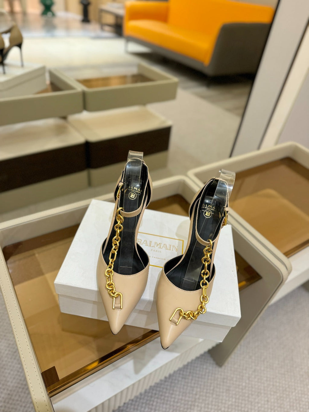 BALMAIN 25S SYNC STILETTOS WITH POINTED TOE 95MM IN BEIGE CALFSKIN