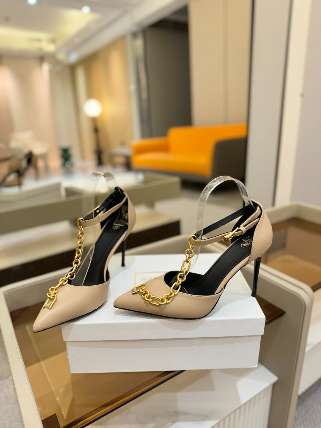 BALMAIN 25S SYNC STILETTOS WITH POINTED TOE 95MM IN BEIGE CALFSKIN