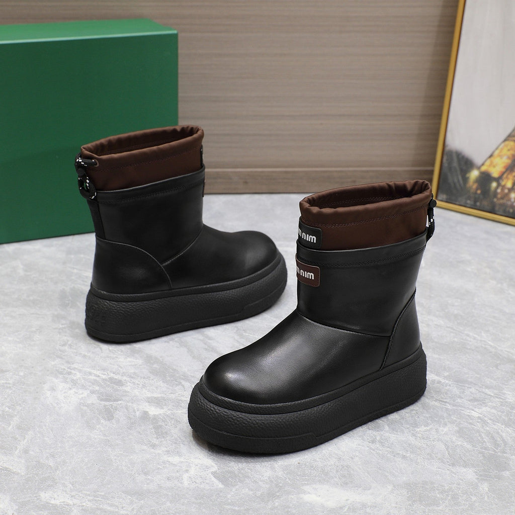 THICK-SOLED SNOW BOOTS IN BLACK CALFSKIN MIX CHOCOLATE NYLON
