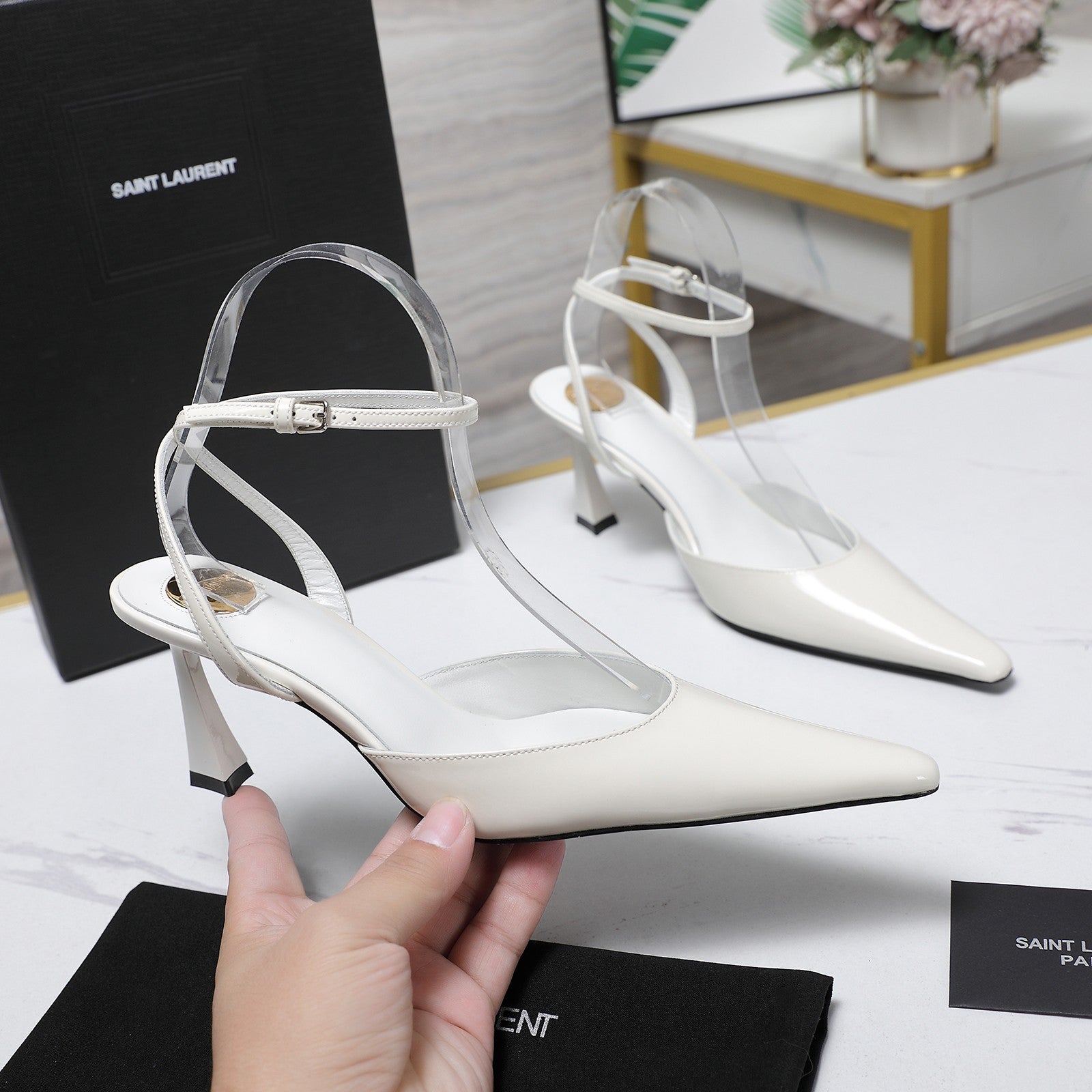 AIMÉE SLINGBACK PUMPS IN WHITE GLOSSY LAMBSKIN