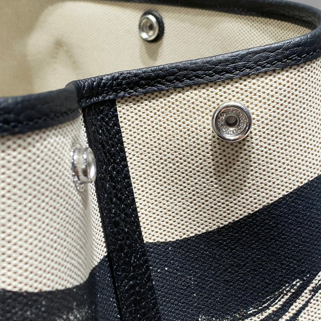 GARDEN PARTY 36 IN BEIGE AND BLACK TOILE H CANVAS BLACK CALFSKIN HORSE TACK SKETCH PRINT