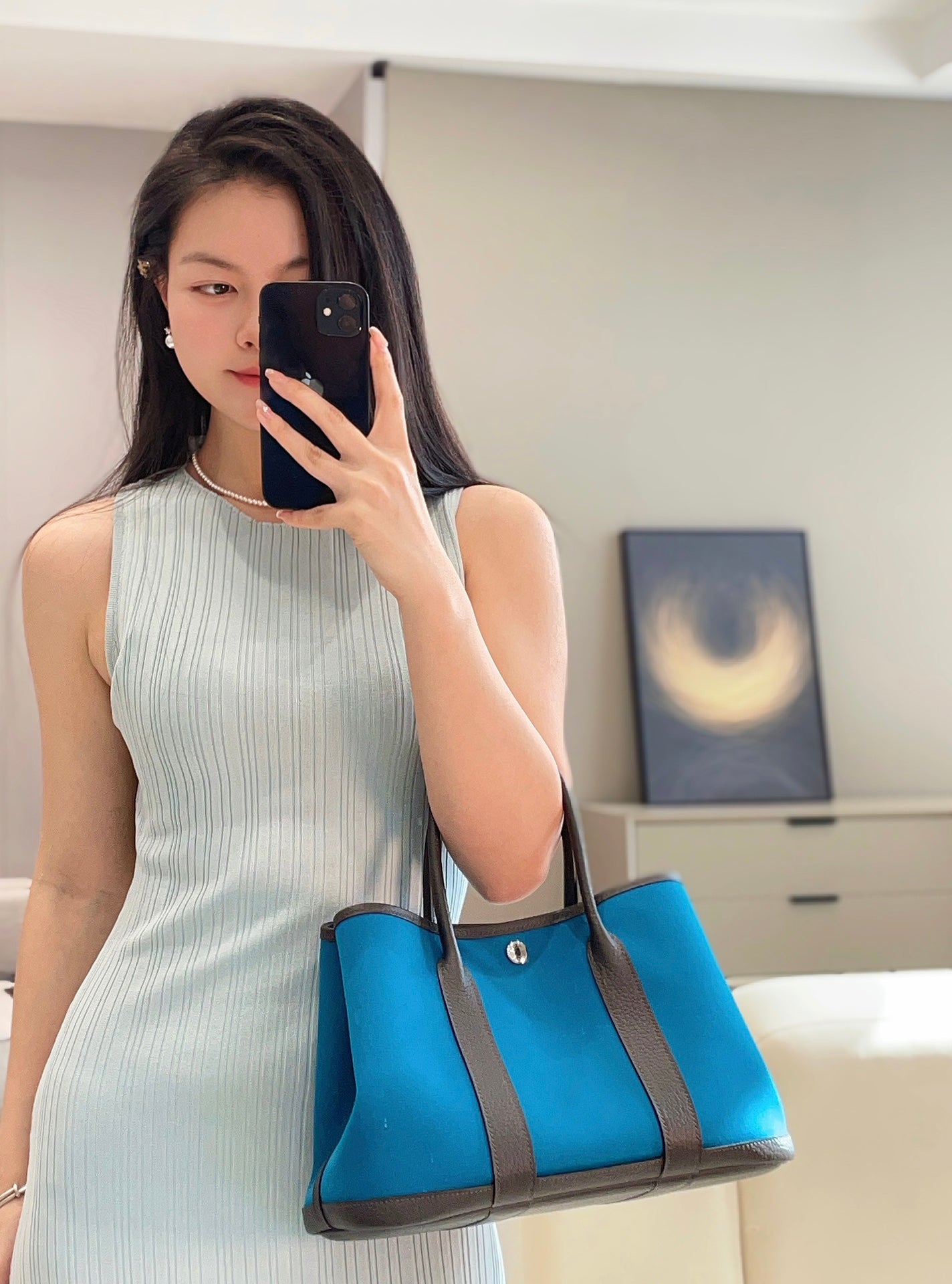 GARDEN PARTY 30CM IN BLUE TOILETS COTTON CANVAS AND BLACK CALFSKIN