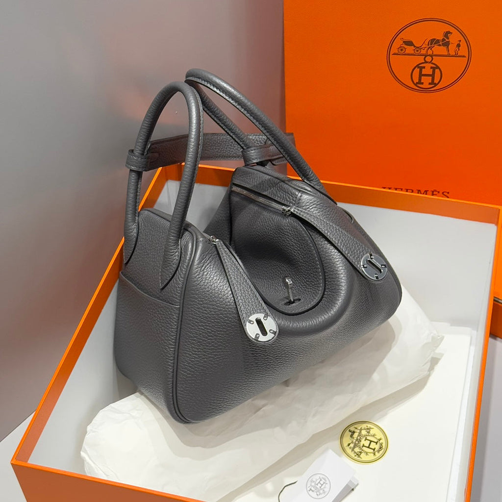 HERMES 25S MEDIUM LINDY 26 IN CHARCOAL GRAY CALFSKIN SILVER HARDWARE