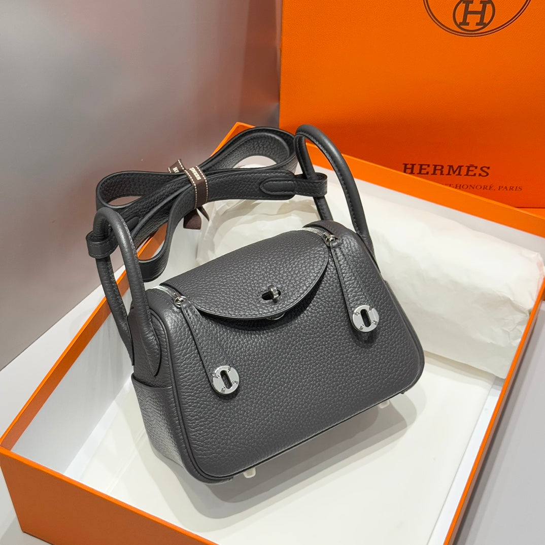HERMES 25S MINI LINDY 19 IN CHARCOAL GRAY CALFSKIN SILVER HARDWARE