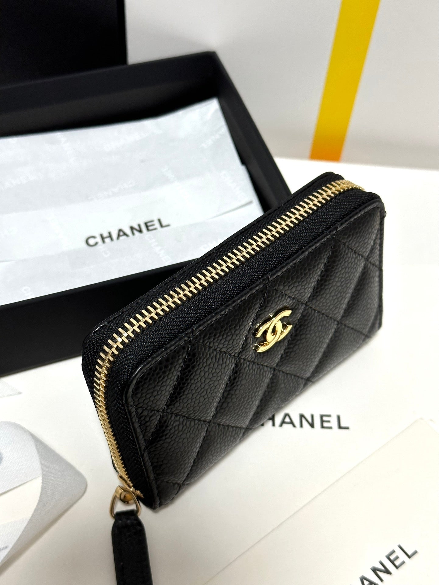 MINI WALLET 11 IN BLACK CAVIAR SKIN GOLD METALLIC