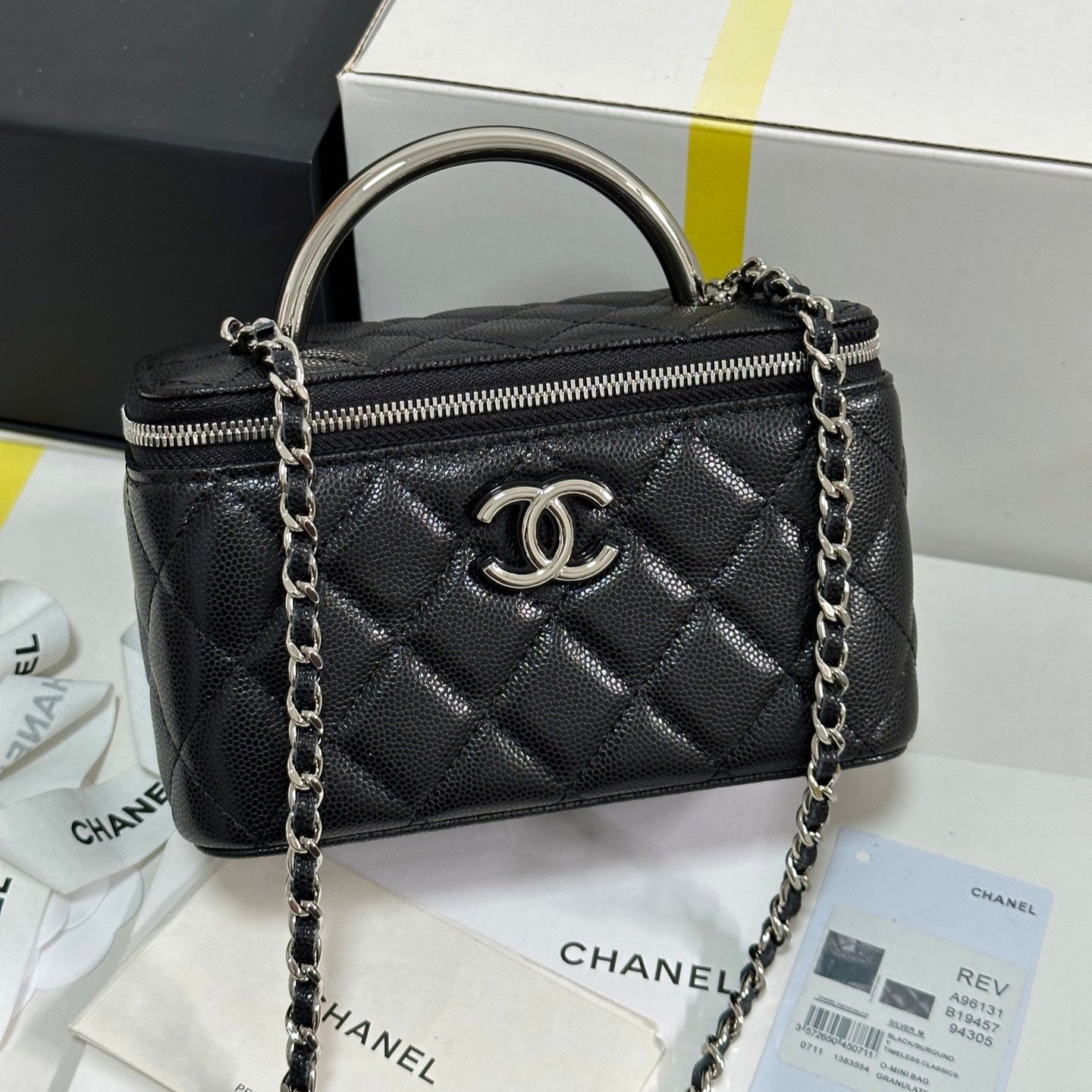 MINI VANITY TOP HANDLE CASE 17 IN BLACK CAVIAR SKIN SILVER-TONE PLATED METAL